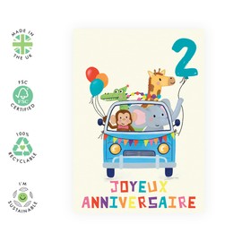 Central 23 Carte D'Anniversaire Pour Enfant - Animaux En Voiture - Joli Cadeau Anniversaire Pour Garcon Et Fille - 2 Ans - Livrée Avec Autocollants - Par