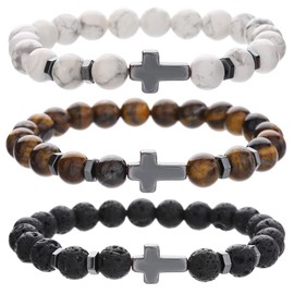 HYHONEY Beaded Bracelets Cross Bracelet for Women Men Lava Rock Turquoise Tiger Eye Natural Bracelet Anxiety Healing, One Size, Stone, stone