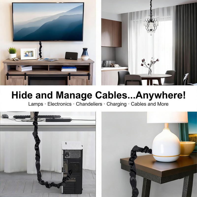 Chandelier Black Cord Cover 2 Pack Touch Fasteners 70.8inches,Brushed Polyester