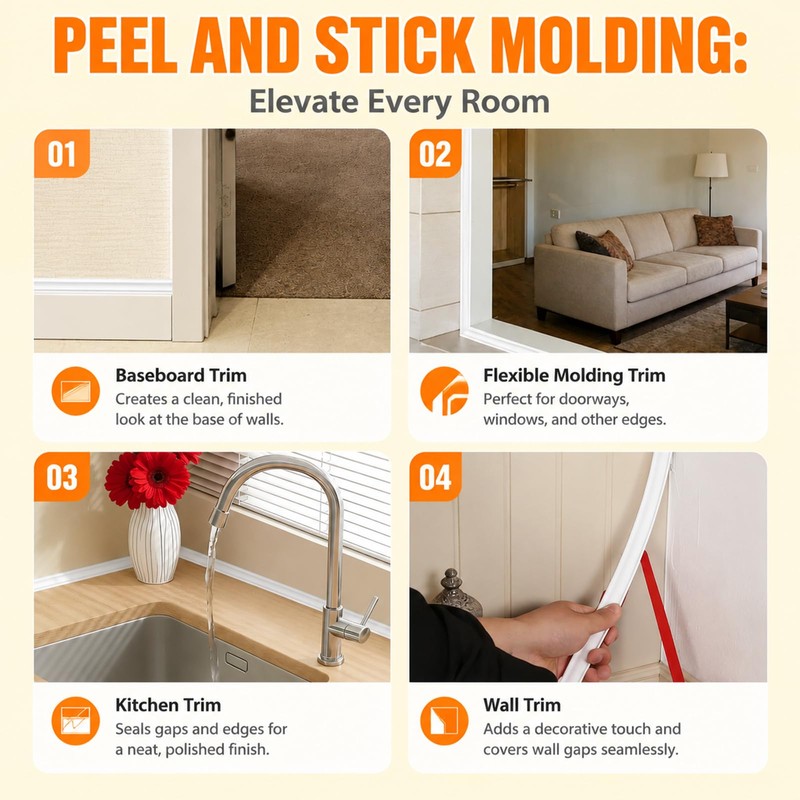 Peel and Stick Wall Molding Trim, 1/2 in x 9.84