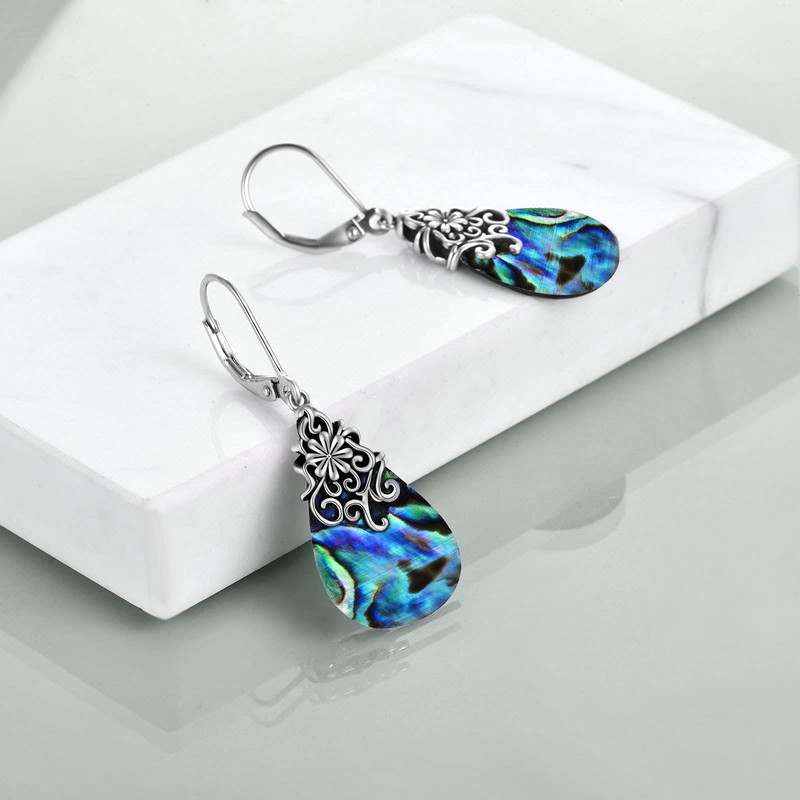 POPLYKE Abalone Shell Filigree Teardrop Drop Dangle Earrings Sterling Silver