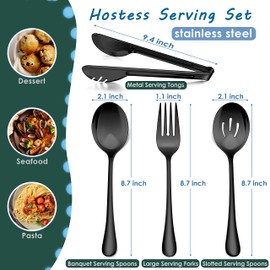 Herogo 8 Pieces Black Stainless Steel Serving Utensils Set, 8.7 Inch Serving Spoons, Slotted Serving Spoons, Serving Forks, 9.4 Inch Serving Tongs for Catering Banquet Buffet Party, Dishwasher Safe