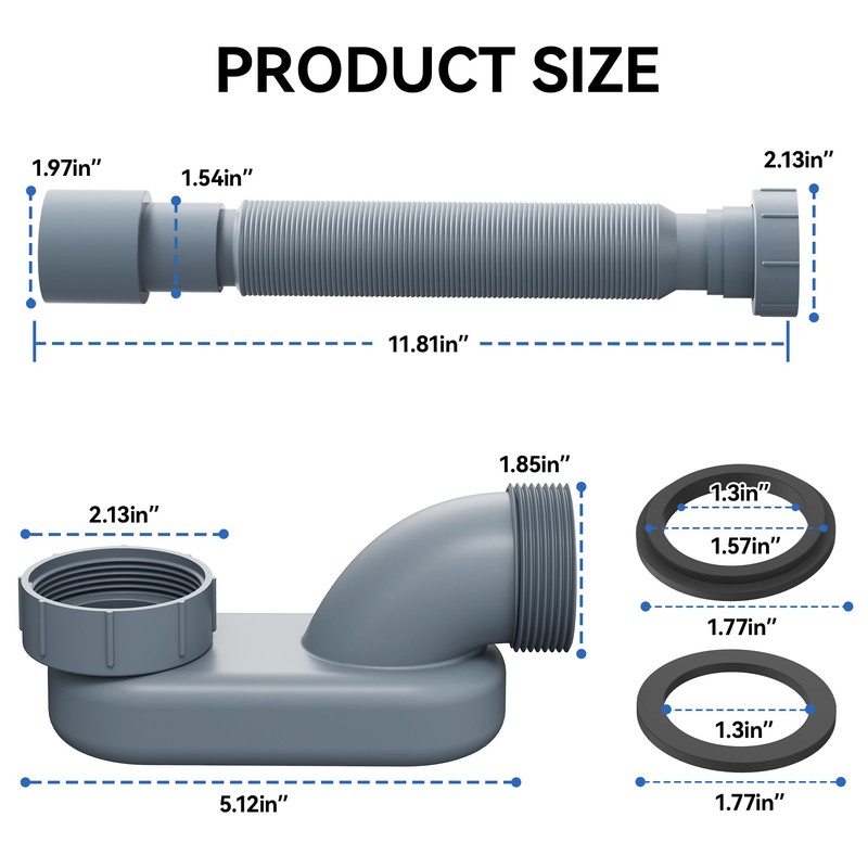 Flexible Freestanding Tub Drain Kit, Low Profile Flat P Trap