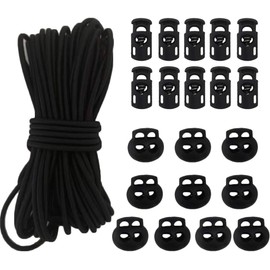 20pcs Plastic Cord Locks with 1/8-Inch 50ft Elastic Cord Heavy Stretch Round String, 10Pcs Sing-Hole, 10pcs Double-Hole Spring Toggle Stopper Slider Black (3mm-Black)