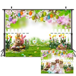 Dudaacvt 10x8ft Easter Backdrop Spring Easter Garden Photography Backdrop Green Grass Lawn Rabbit Colorful Eggs Wood Fence Background Easter Party Decorations Banner D624