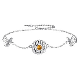 J.MUEN Anklet 925 Silver for Women, Daisy Sunflower Anklet for Summer Beach Jewellery Gift for Women Girls, Adjustable Anklet 22 + 4 cm, Sterling Silver, Cubic Zirconia
