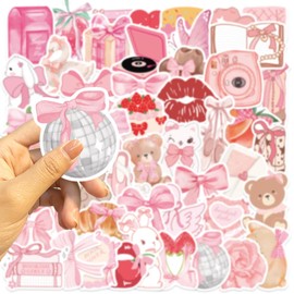 100 Pieces Coquette Stickers - Aesthetic Pink Cute Stickers for Water Bottle Laptop Diary - Kawaii Cute Animal Food Accessories Flower Stickers