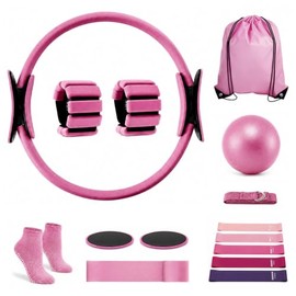 Kit de Pilates 16PCS para Yoga en Casa con Pelota, Aro, Bandas, Pesas 1 lb | Círculo Mágico 33, pelota 25, 5 bandas multi, calcetines, alfombrilla ant