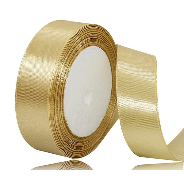 Gold Satin Ribbon 25mm, 23 Meters Solid Colors Fabric Ribbon for Crafting, Gift Wrapping, Balloons, DIY Sewing Project, Hair Bows and Cake Decoration