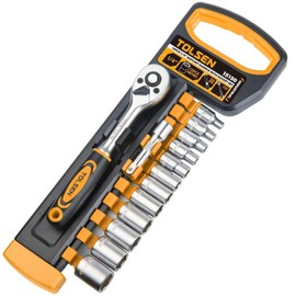 Tolsen Socket Set 1/4″ 14 Pieces - Industrial CRV Ratchet Handle Socket Set with Extension Bar