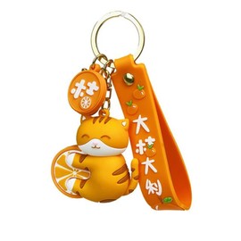 Oikabio Key Chain, With an orange cat holding an orange,Cute PVC Cartoon Key Chain,Key Chain Accessories for the bag,Easy to carry key chain for Car,Gift for someone who loves cats,Lovers,Kids