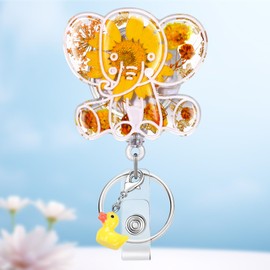 Dried Flower Badge Reel Retractable - Cute Elephant Flower Retractable ID Name Card Badge Reel Holder with Alligator Clip, Nurse Nursing Office Medical Worker Student Accessories Gifts