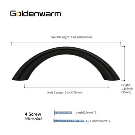 goldenwarm Curved Cabinet Handles Solid Zinc Alloy Hardware for Dresser Matte Black Drawer Pulls 3 Inch Hole Center, 10 Pack
