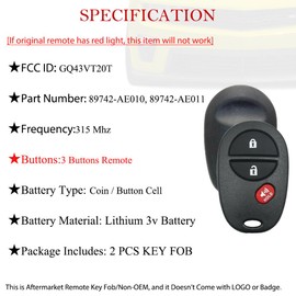 Keyless Remote Car Key Fob Replacement for Toyota Tundra Tacoma Sequoia Sienna Highlander GQ43VT20T 2005 2006 2007 2008 2009 2010 2011 2012 2013 89742-AE010 89742-AE011 3 Button 2 Pack