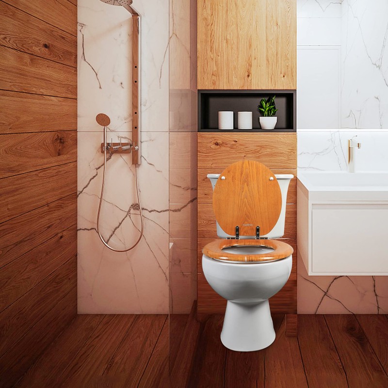 Angel Shield Wood Veneer Natural Toilet Seat with Quiet Close,Easy