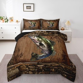 Feelyou Fish Comforter Set for Girls Boys Kids Twin Size Fish Hunting Comforter Room Rustic Cabin Country Bedding Set Marine Life Sea Duvet Set 2Pcs Quilt Set with 1 Pillow Case