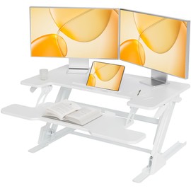 Claiks Standing Desk Converter 36 inch, Height Adjustable Sit Stand Up Desk Riser, Quick Sit to Stand Tabletop Dual Monitor Riser Workstation for Home Office with Keyboard Tray, White
