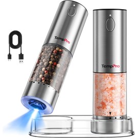 TempPro 100ml Electric Salt and Pepper Grinder Set Rechargeable, Automatic Pepper Grinder Shakers with External Adjustment, Refillable Pepper Mill Set with Cover & LED, 2-Pack(Previously ThermoPro)