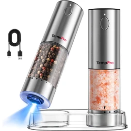 TempPro 100ml Electric Salt and Pepper Grinder Set Rechargeable, Automatic Pepper Grinder Shakers with External Adjustment, Refillable Pepper Mill Set with Cover & LED, 2-Pack(Previously ThermoPro)