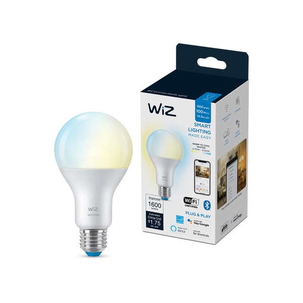 WiZ 100W Eq. (14.5W) A21 Tunable White LED Smart Bulb - Pack of 1 - E26- Indoor - Connects to Your Existing Wi-Fi - Control with Voice or App + Activate with Motion - Matter Compatible