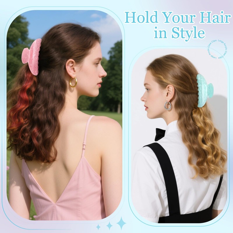 HairChrysm 4.2 Inch Large Acrylic Claw Clips, Cute Pink Blue