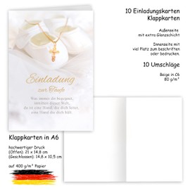 10 Invitation Cards with Envelope Invitation for Christening with Text Folding Cards Stylish Cross Watercolour Delicate Cross Pendant Baby Shoe Elegant Baby
