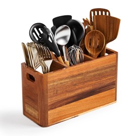 Extra Large Wooden Kitchen Utensil Holder Organizer - 3 Compartment Utensil Holder for Kitchen Counter or Wall, Farmhouse Wooden Spoon Organizer for Storage Spoons, Spatulas, Acacia Rustic Container