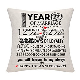 1 Year of Marriage Gift 1st Wedding Anniversary Cushion Cover Keepsake Decoration Gift for Couples Parents Women Men Mum Dad Husband Wife Grandma Grandad Aunt Uncle Friends (1 YEAR)