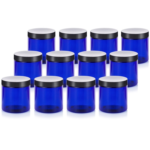 8 oz Cobalt Blue PET (BPA Free) Plastic Jar With Black Smooth Lids (12 pack)