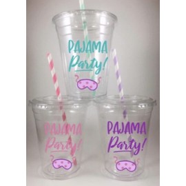 Pajama Party Cups Set 12 Disposable Lids Straws Sleepover
