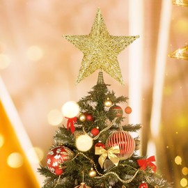 Filltown Christmas Tree Topper Star, 8 Inch Metal Gold Glittered Star Tree Topper, 3D Xmas Tree Star Topper for Xmas Holiday Decoration