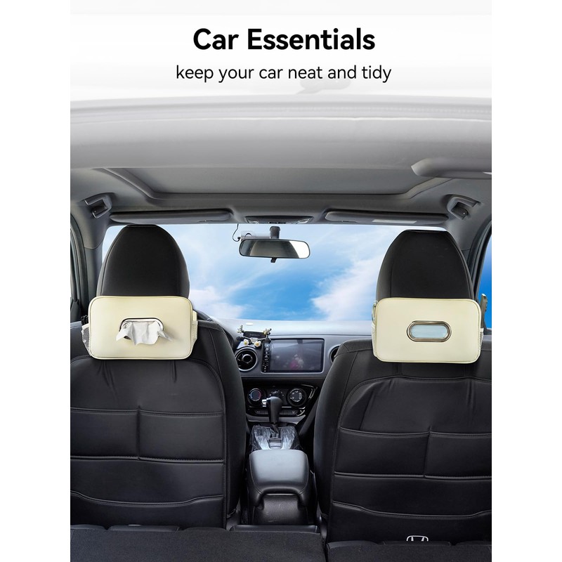 Multi-Functional Car Tissue Holder with ‌2 Storage Nets, Upgraded PU