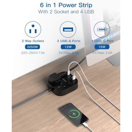 5M Extension Lead with USB Slots, Power Strips with 2 Way Outlets 4 USB (4.5A, 1 Type C and 3 USB A Ports) Surge Protection Plug Extension Socket with Braided Extension cord for Home/Office