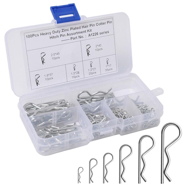 R Pin Cotter Tweezers Beta Pin Snap Pin Assortment Kit Very Convenient Stainless Steel Cotter Pin Body Clip Widely Used for Repairing and Securing Automobiles, Trucks, Machinery, Power Equipment (6 Sizes and 100 Pack with Storage Case)