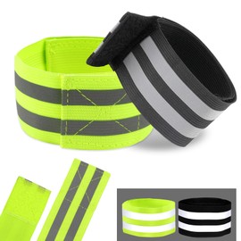 Tikplus Reflective Band, Set of 4 Elastic Bicycle Reflective Bands, Velcro Reflective Bands, Safety Light Strip for Outdoor Jogging, Pram, Cycling, Black and Bright Green