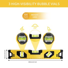 Teronbeta Aluminium Alloy Spirit Level 300 mm/12 Inch Shock Proof Torpedo Level with Magnetic Base and 3 Bubble 45°,90°,180° - Yellow/Black