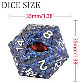 Metal D20 DND Dice Set - Dragon Scale Metallic 20 Sided Giant Polyhedral Dice,35mm Large Dragon Eye Metal D&D Dice Set for Dungeons and Dragon Tabletop Game(Blue Glitter Dragon Scale)