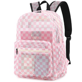 Dezcrab Checkered Mesh Backpack for Girls, Kids Teens School Backpacks Women Bookbags Semi-transparent Beach Backpacks (Pink)