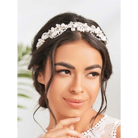 IYOU Pearl Bridal Headbands Silver Crystal Hair Bands Handmade Rhinestone Bride Wedding Hair Accessories for Women