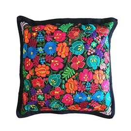 Mexican Handmade Pillow Cover Chiapas Embroidery (Black)