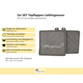 MC Trend Set of 2 Pot Holders Favourite Food with Lettering, 20 cm, in Grey, Cotton, Oven Gloves for Cooking and Baking, Household Aid for Optimal Protection (Set of 2 Pot Holders)