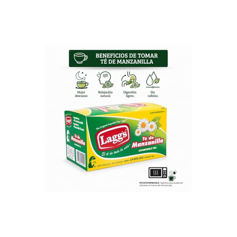 LAGG'S - Té de Manzanilla, Infusión Natural, Sin Cafeína, 24