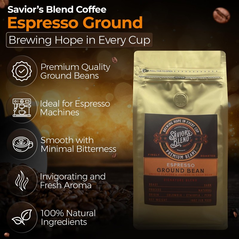 Savior's Blend Coffee Premium Espresso Ground Coffee, Dark Roast, Colombian-Ethiopian-Peruvian