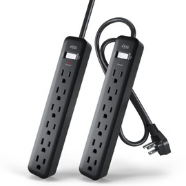 KMC 6-Outlet Power Strip, 2-Pack, Black Power Strips, 2ft Short Extension Cord with Multiple Outlets, 6 AC Power Outlet Strip, Flat Plug Powerstrip, 2pk, Black