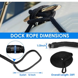Amarine Made 1/2" x 25' Dock Lines, 4 Pack Boat Dock Lines for Boat, Double Braided Boat Lines with Loop Docking, Black Dock Line with 12" Eyelet