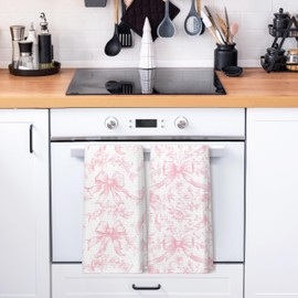 PIUD Coquette Pink Chinoiserie Bow Kitchen Dish Towels Set of 2, Preppy Pink Floral Girly Hand Towels for Bathroom Decor, Coquette Preppy Bathroom Decor, 16x24 Inch