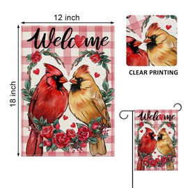 Covido Welcome Valentine's Day Cardinal Bird Decorative Garden Flag, Pink Plaid Check Red Rose Heart Yard Outside Decorations, Anniversary Wedding Outdoor Small Home Decor Double Sided 12 x 18
