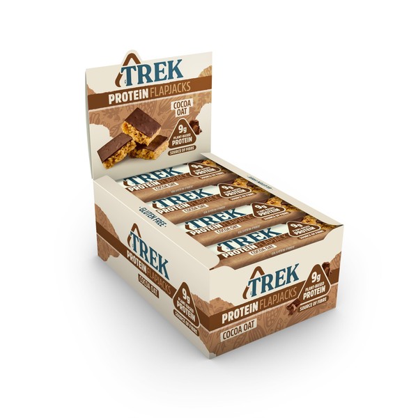 TREK High Protein Flapjack Cocoa Oat - Gluten Free - Plant Based - Vegan Snack - 50g x 16 bars