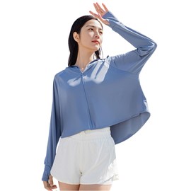[VIVEL] uvカット ラッシュガード レディース UPF50+ パーカー 長袖 水着 ジップパーカー 軽量 薄手 吸湿速乾 通気性 フード付き 紫外線対策 日焼け対策 オーバーウェア (Free Size, ブルー)