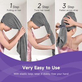 Umisleep - Toalla de pelo de microfibra extragrande para mujer, pelo largo, rizado y grueso, súper suave, anti encrespamiento, secado rápido, turbante de pelo ultra absorbente con banda elástica gris